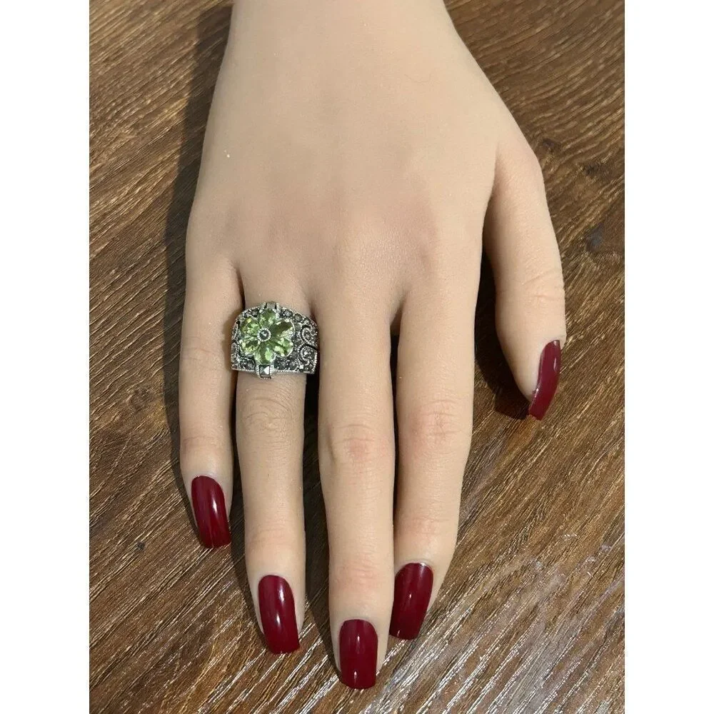 Silver‎ 925 Peridot/Marcasite Flower Ring